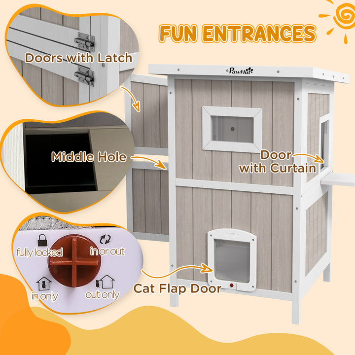 PawHut Outdoor 2 Tiers Wooden Cat Shelter w/ Removable Bottom, Escape Doors, Asphalt Roof, for 1-2 Cats - Light Grey | Aosom UK