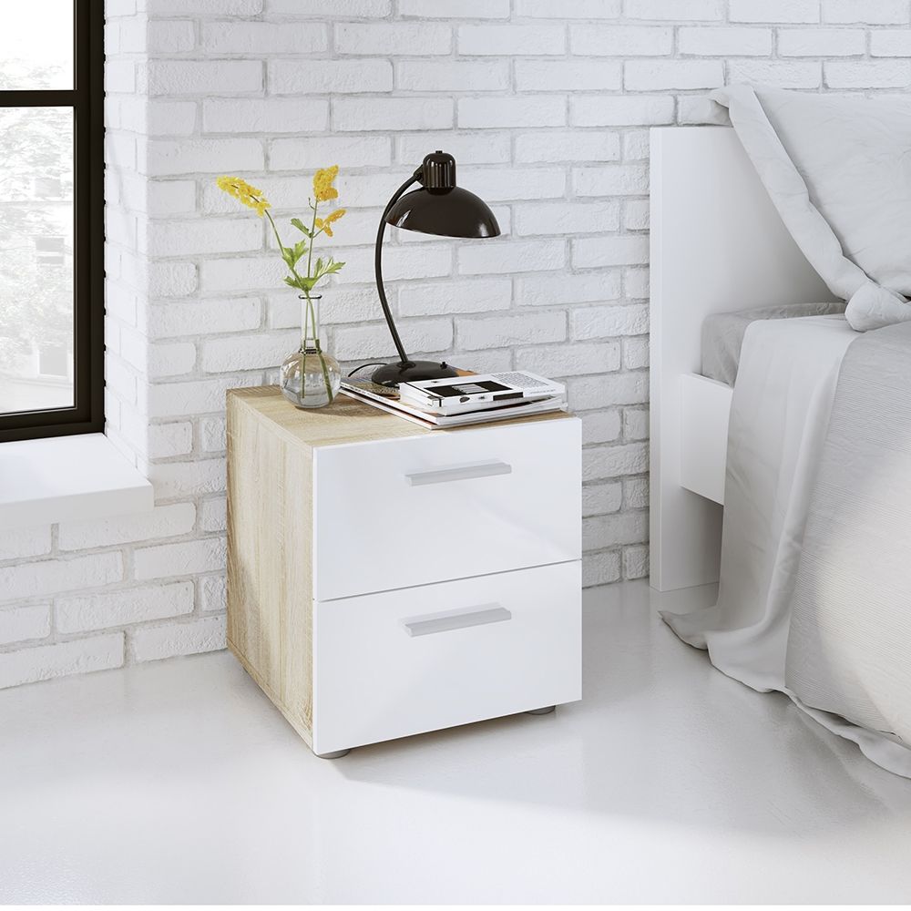 Pepe Bedside 2 Drawers in Oak with White High Gloss