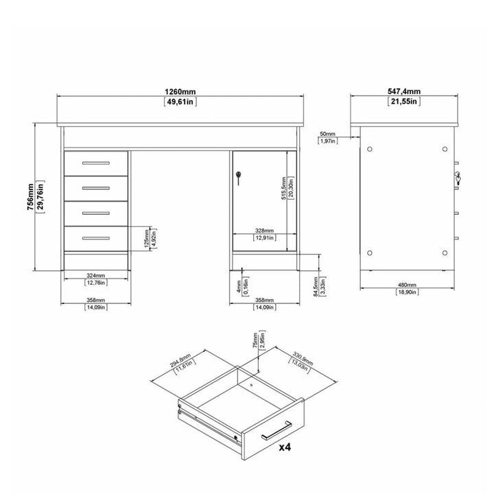 Function Plus Desk 4 Drawer 1 Door in White and Grey