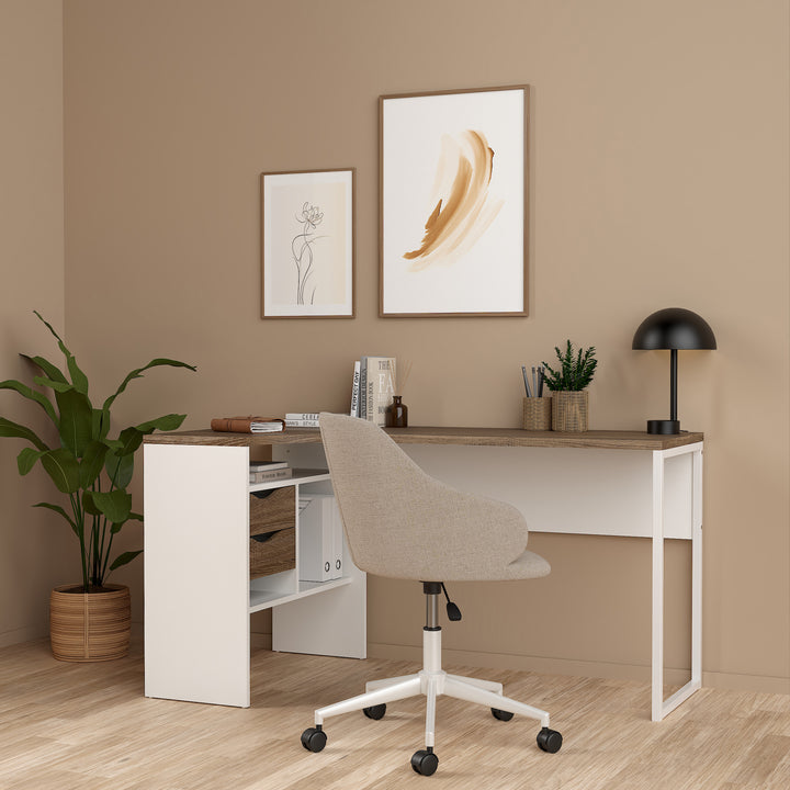 Function Plus Corner Desk 2 Drawers in White and Truffle Oak
