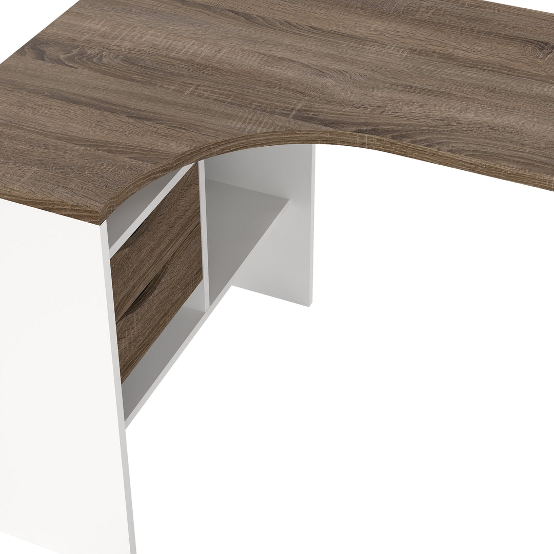 Function Plus Corner Desk 2 Drawers in White and Truffle Oak