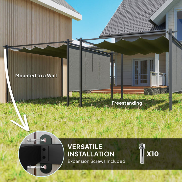 Outsunny 3 x 4m Metal Pergola with Retractable Roof and Roller Shade, Wall-Mounted or Free Standing Garden Gazebo Canopy Pergola Kit, UPF30+ Outdoor Sun Shade Shelter, Grey