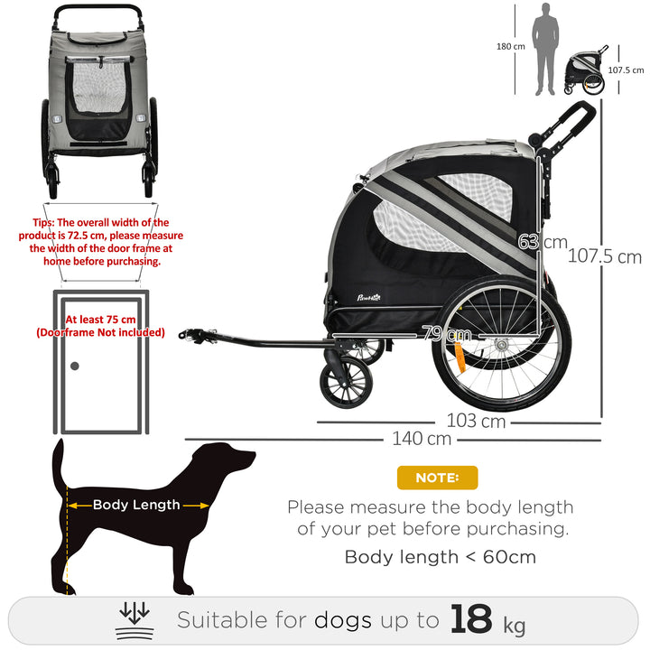 2-In-1 Pet Bike Trailer Dog Stroller Pushchair with Universal Wheel Reflector Flag Grey