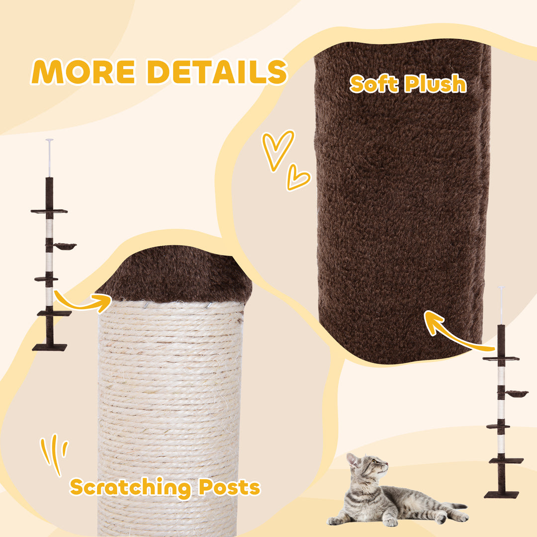 PawHut Cat Climbing Tree, 5-Tier Floor to Ceiling Adjustable Scratching Post Tower, Activity Centre, Brown, 230-260cm | Aosom UK