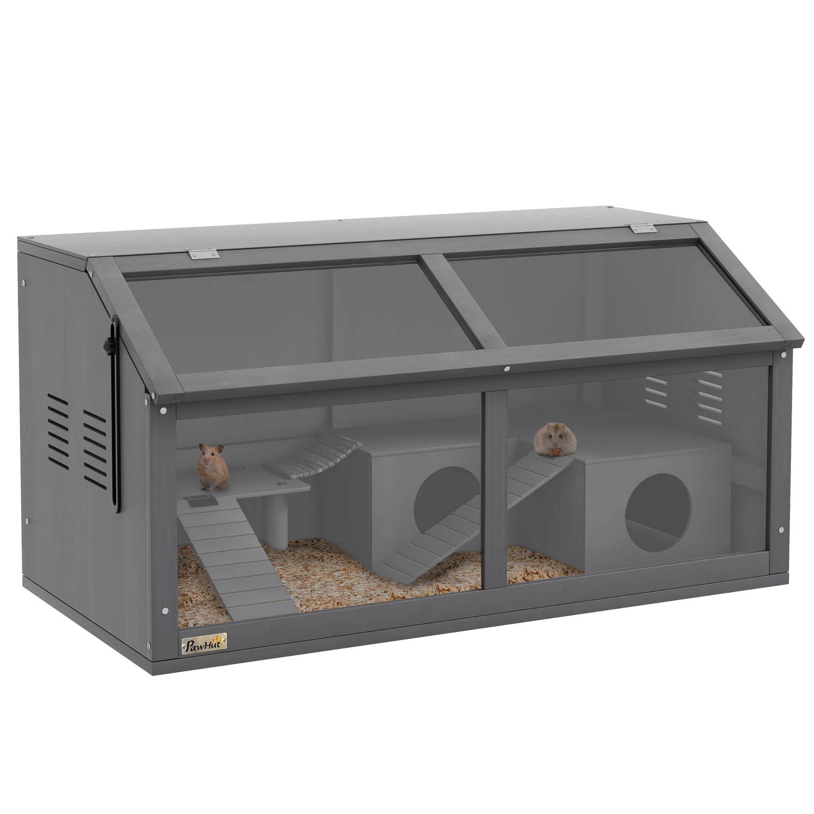 Hamster Cage, Wooden Small Animal Cage for Gerbils, Mice w/ Suspension Bridge, Openable Top, Hut, 85 x 45 x 44cm - Grey