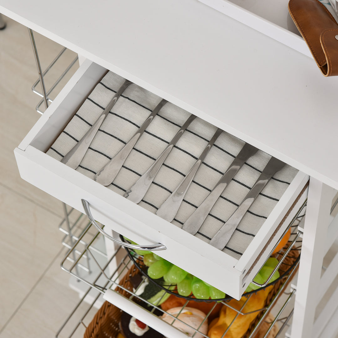 Rolling Kitchen Cart, Utility Storage Cart with 4 Basket Drawers & Side Racks, Wheels for Dining Room, White