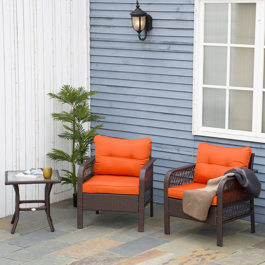 3 Pieces Rattan Bistro Set with Glass Top Coffee Table, Chairs and Cus