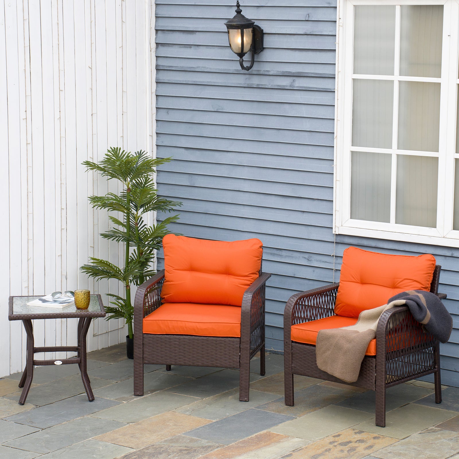 3 Pieces Rattan Bistro Set with Glass Top Coffee Table, Chairs and Cus