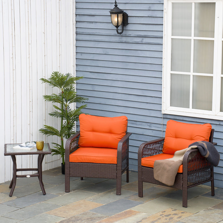 3 Pieces Rattan Bistro Set with Glass Top Coffee Table, Chairs and Cus