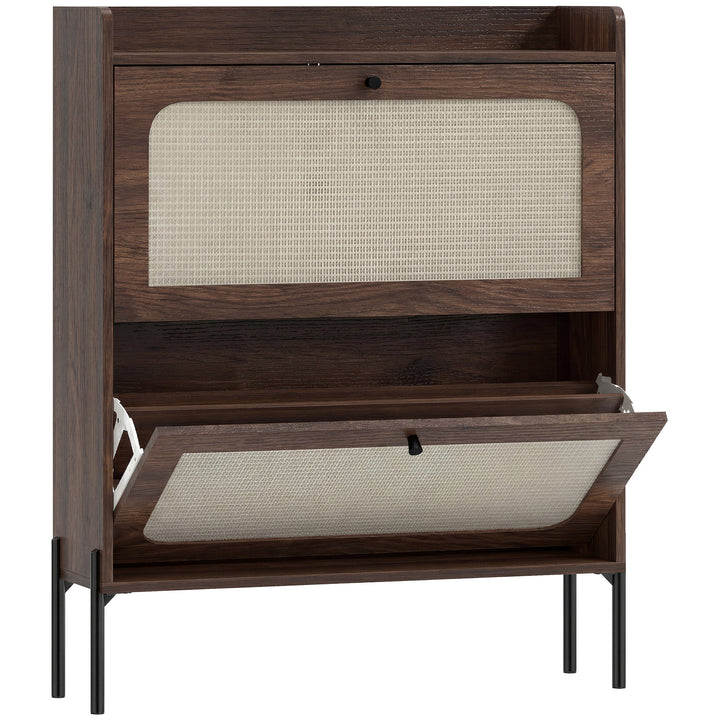 Shoe Cabinet with 2 Flip Drawers, Boho Narrow Shoe Storage Cabinet - Dark brown