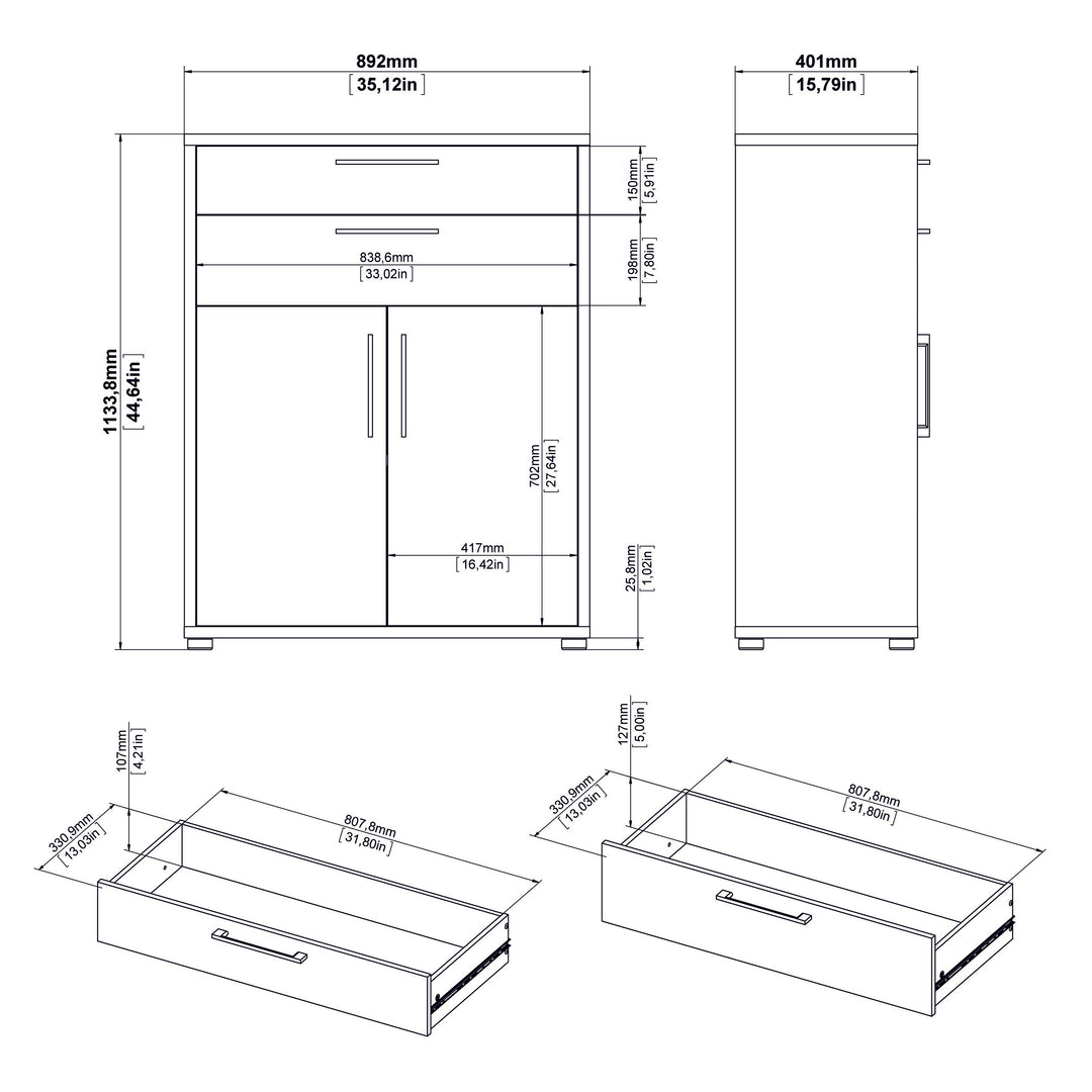 Prima Bookcase 3 Shelves With 2 Drawers And 2 Doors In Oak