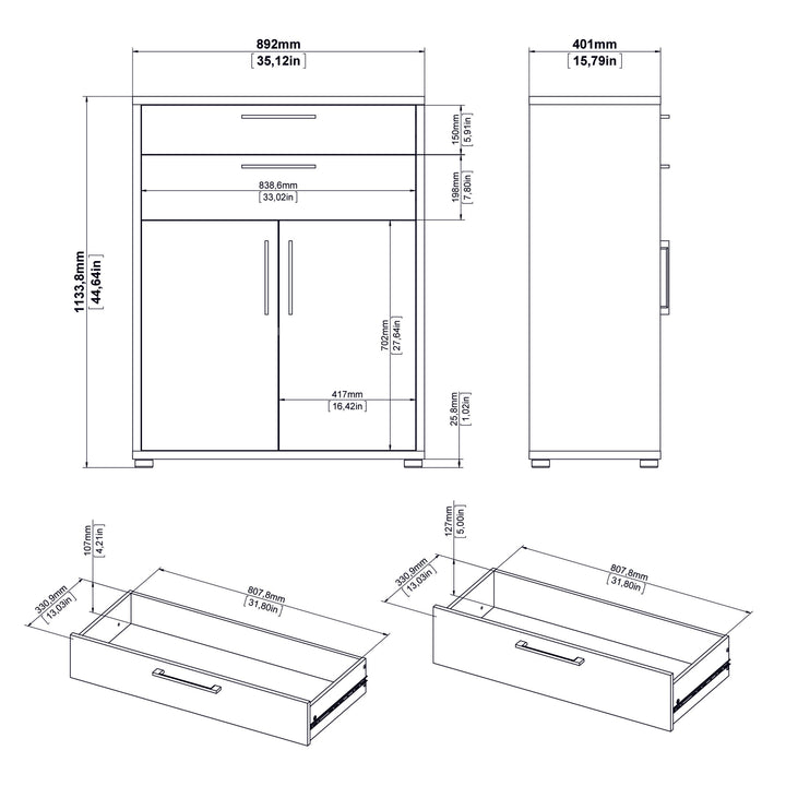 Prima Bookcase 3 Shelves With 2 Drawers And 2 Doors In Oak