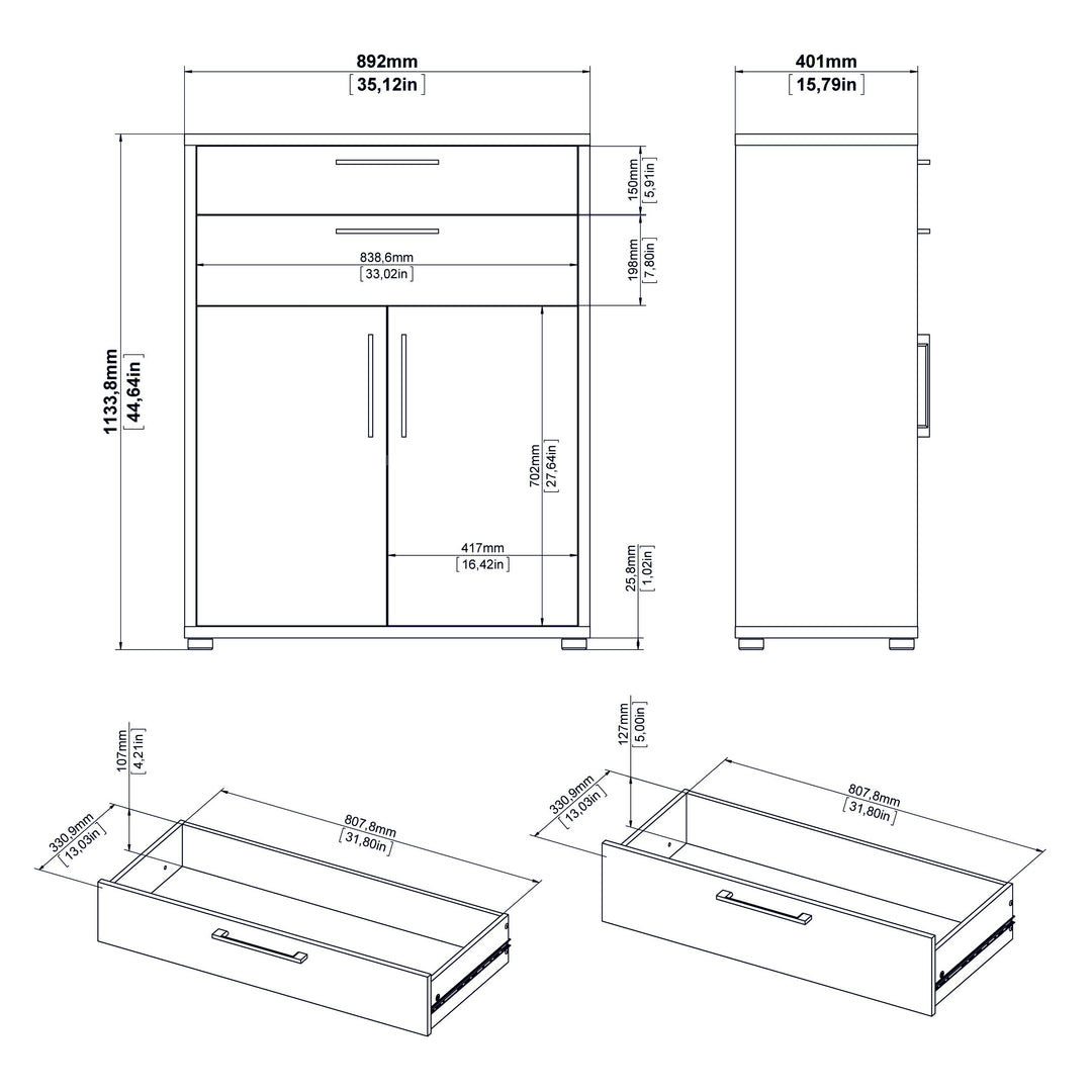 Prima Bookcase 1 Shelf With 2 Drawers And 2 Doors In White