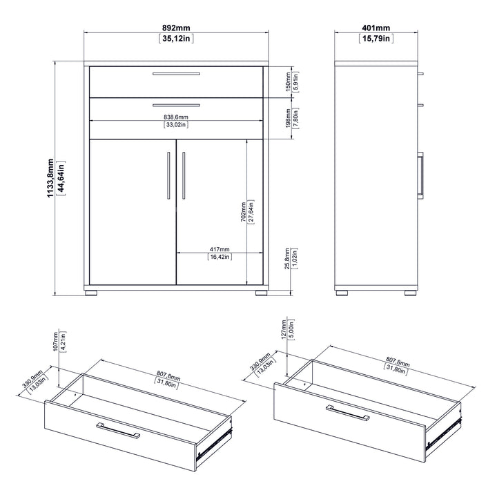 Prima Bookcase 1 Shelf With 2 Drawers And 2 Doors In White