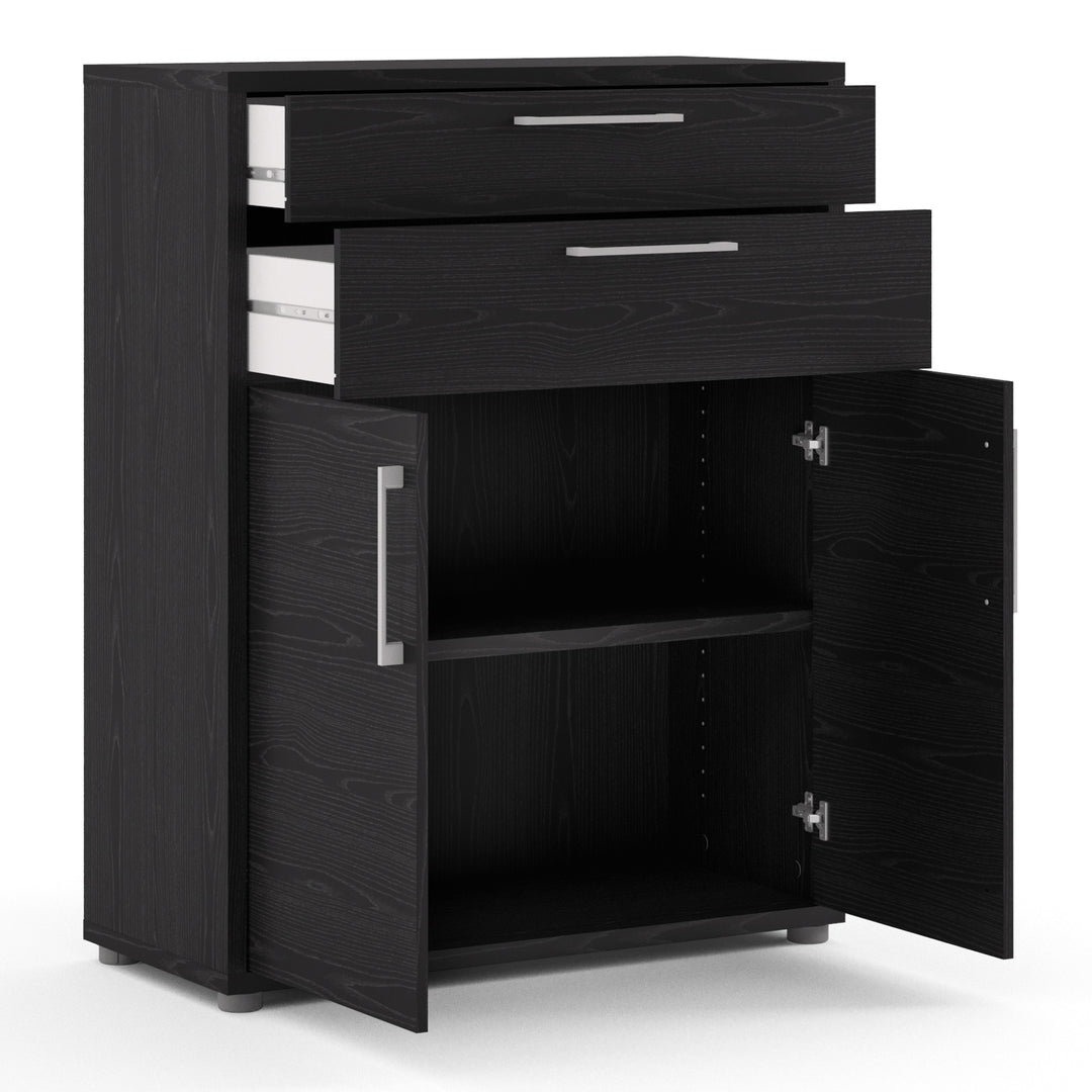 Prima Bookcase 1 Shelf With 2 Drawers And 2 Doors In Black Woodgrain