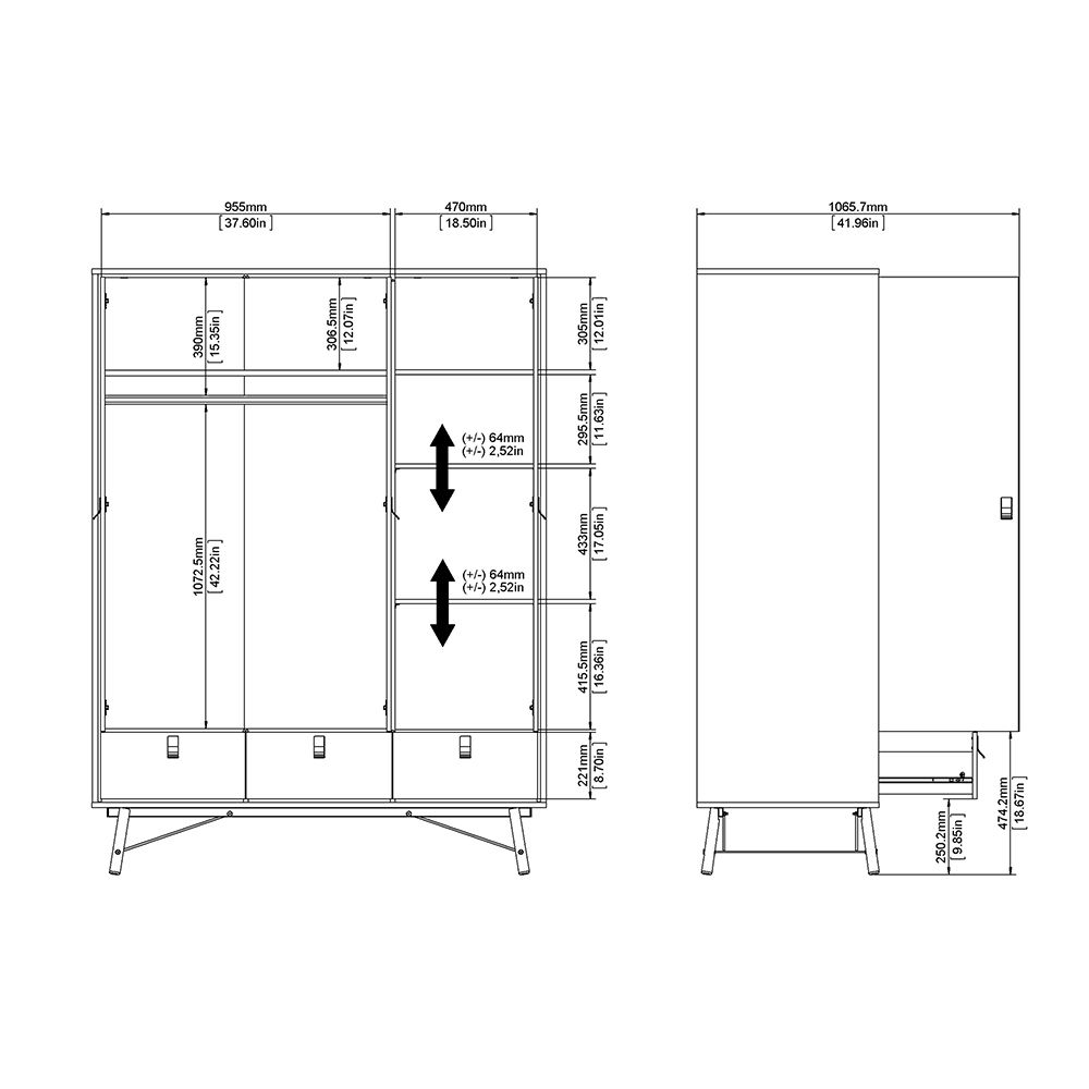 Ry Wardrobe 3 doors + 3 drawers in Matt White