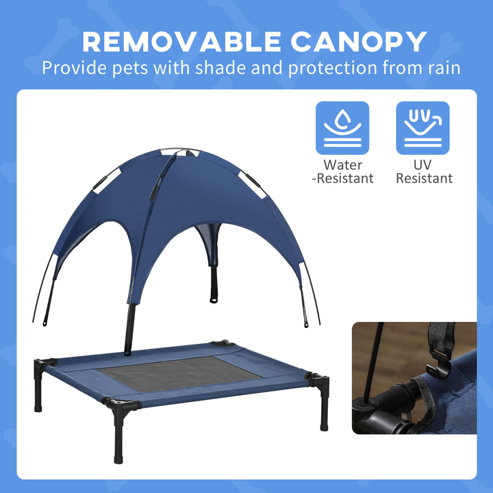 PawHut Elevated Dog Bed with Waterproof, Breathable Mesh and UV Protection Canopy, Blue, for Medium Dogs, 76 x 61 x 73cm | Aosom UK