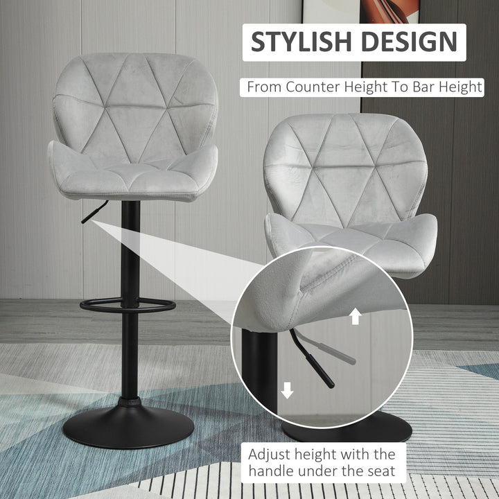 Adjustable Bar Stools Set of 2, Armless Upholstered Swivel Counter Chairs, Barstools with Back, Footrest, Light Grey