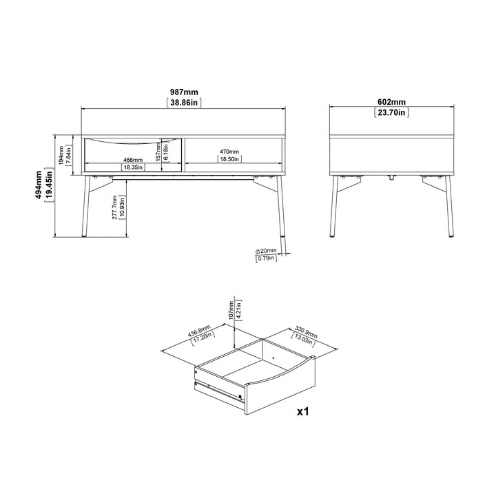 Fur Coffee table with 1 Drawer in Grey and White