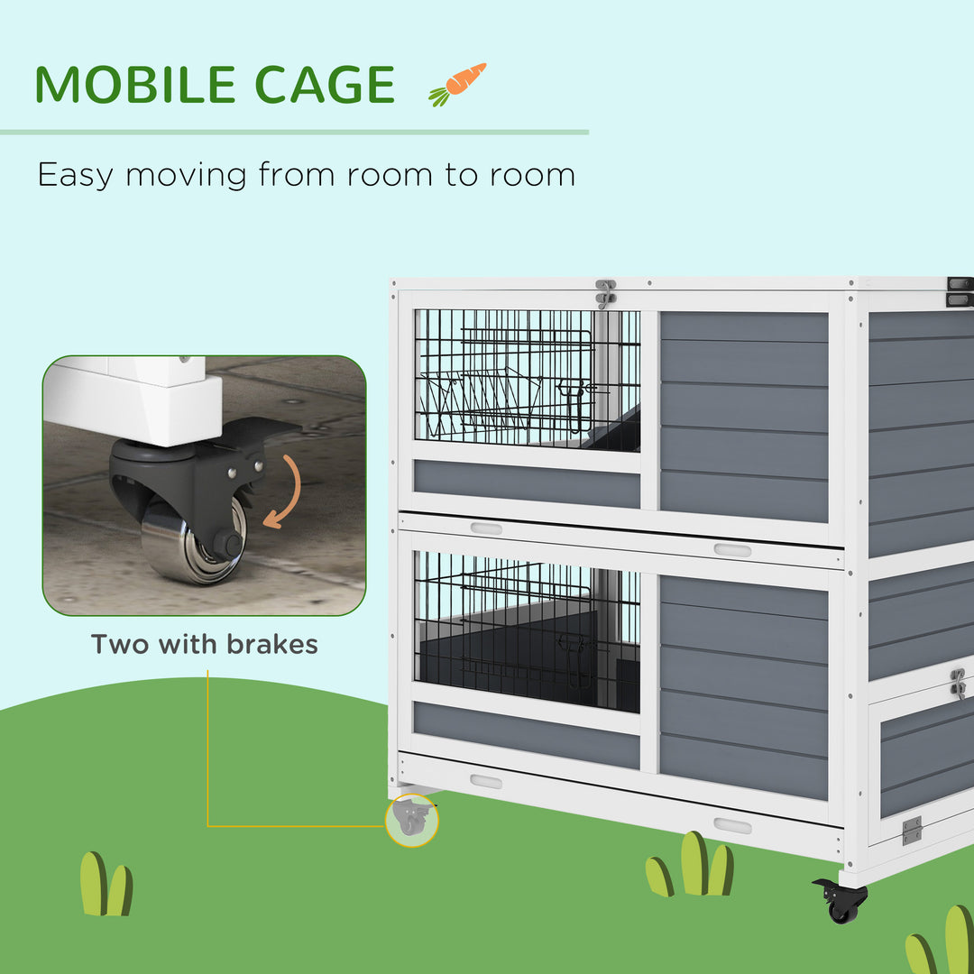 PawHut Double Deckers Guinea Pig Cage Rabbit Hutch Indoor with Feeding Trough, Trays, Ramps, Openable Top - Grey | Aosom UK