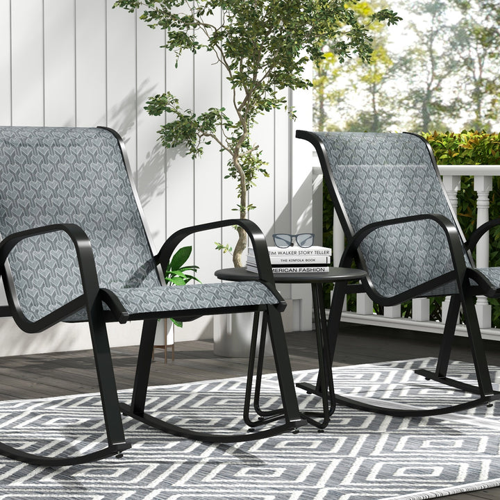 Outsunny 3 Pcs Garden Rocking Set w/ 2 Armchairs, Metal Top Coffee Table, Patio Bistro Set w/ Curved Armrests, Breathable Mesh Fabric Seat, Mixed Grey