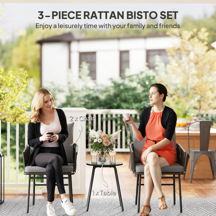 3-Piece Rattan Bistro Set, Garden Table and Chairs with 4 Cushions, Patio Rattan Conversation Furniture Set for Balcony, Porch, Terrace, Grey