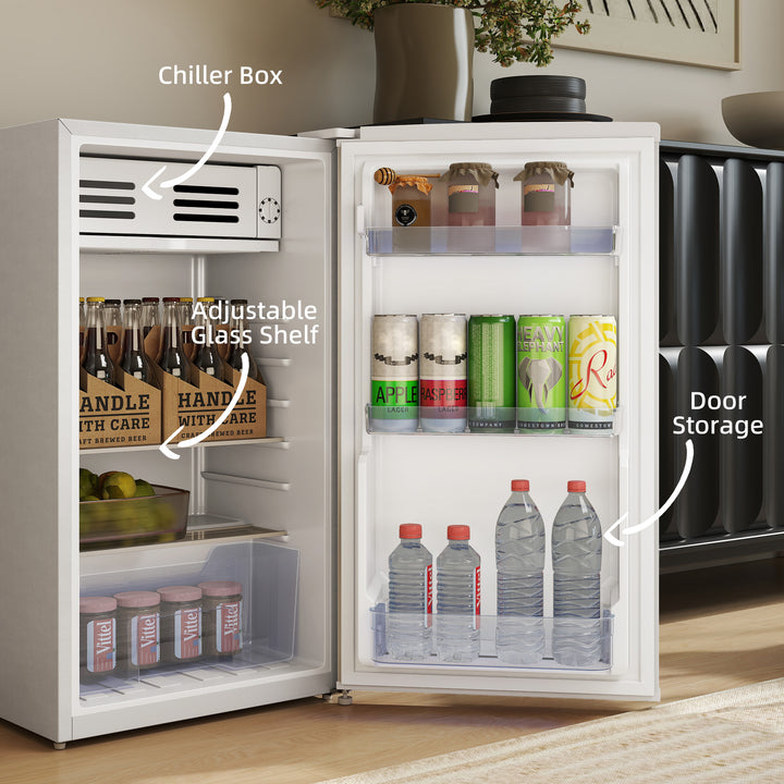 Under Counter Fridge, 85L Small Retro Refrigerator with Chiller Box, Adjustable Thermostat, Glass Shelves, White