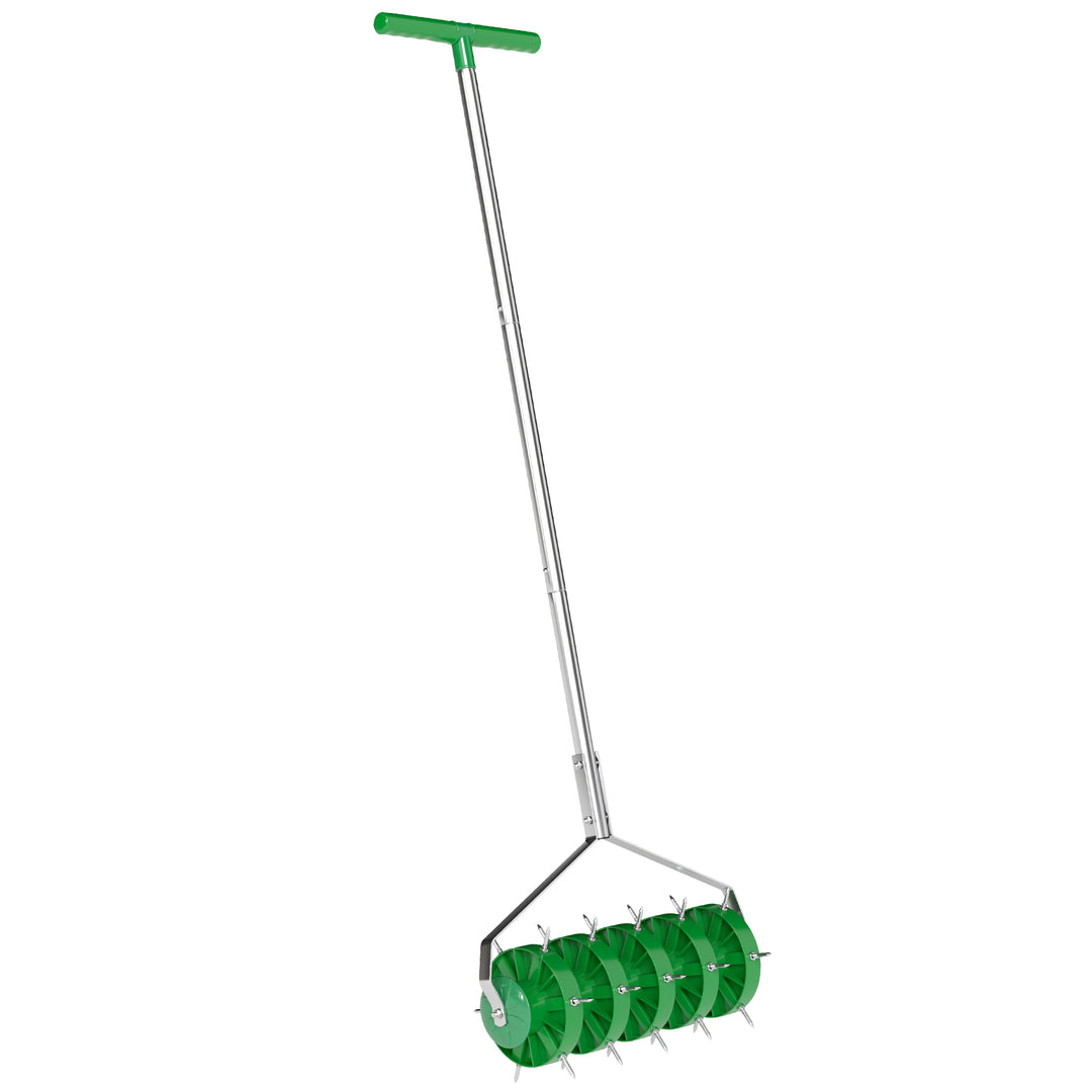 Rolling Lawn Aerator, Manual Grass Spike Roller, Heavy Duty Garden Aerator with 3 Piece Detachable Handle and T-bar Grip, Outdoor Garden Lawn Tool, Dark Green