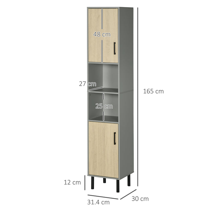 Freestanding Bathroom Storage, Tall Bathroom Cabinet with Door and Adjustable Shelves, 31.4x30x165cm