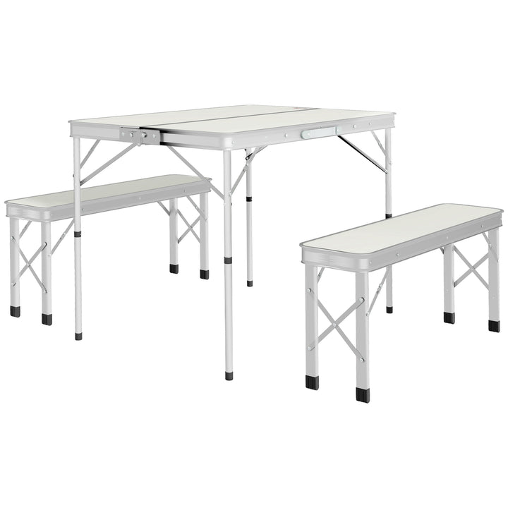 Outsunny Picnic Table Set, Foldable Camping Aluminium Table with 2 Benches, Lightweight for Garden, Party, BBQ, Silver | Aosom UK