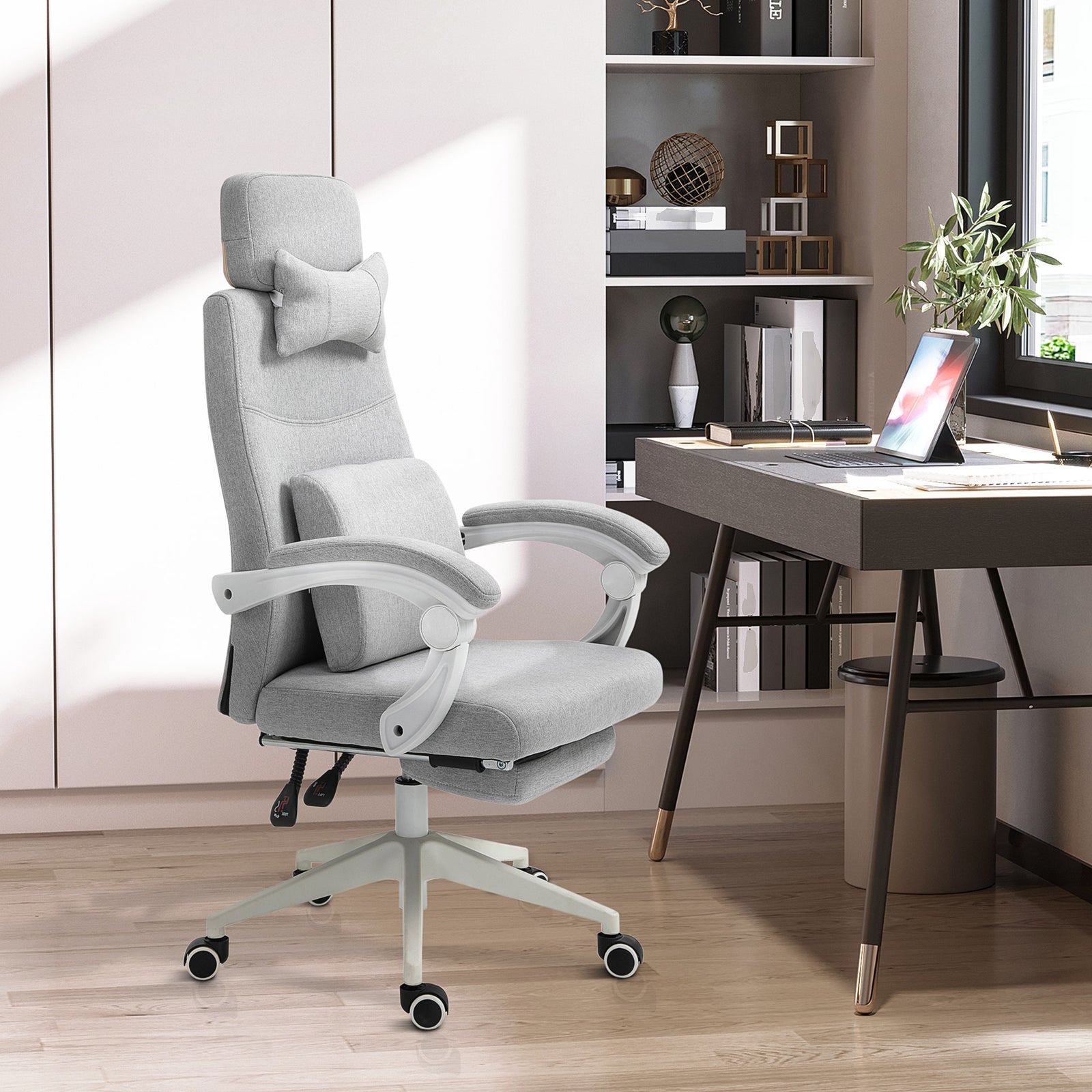 Office Chair, Ergonomic Desk Chair, High Back Fabric Work Chair with 160° Reclining Backrest, Retractable Footrest, Neck and Lumbar Pillow for Home and Study, Grey