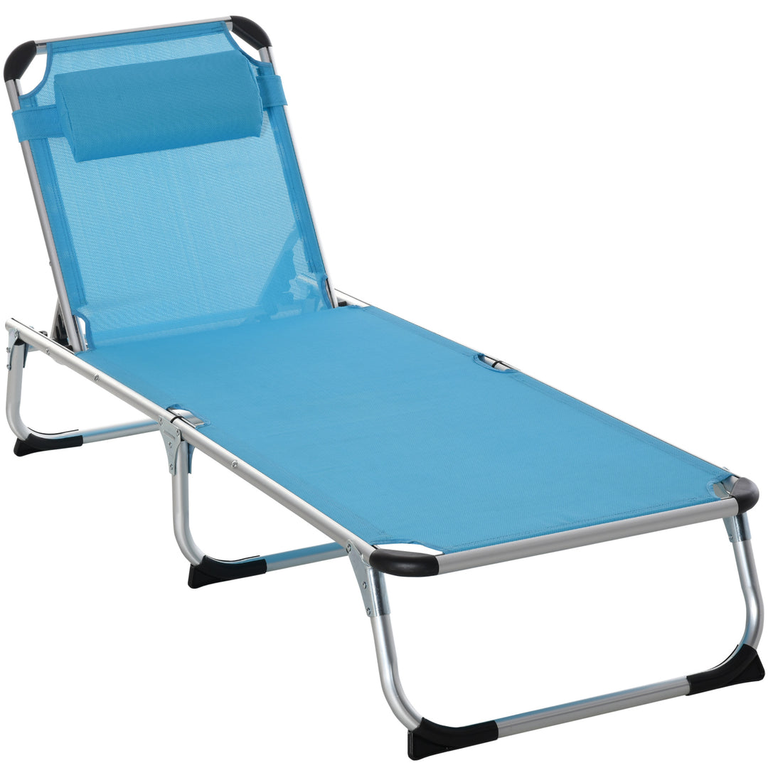 MCL Foldable Outdoor Sun Lounger, Reclining Lounge Chair Camping Bed Cot with Pillow 4-Level Adjustable Back Aluminium Frame, Blue