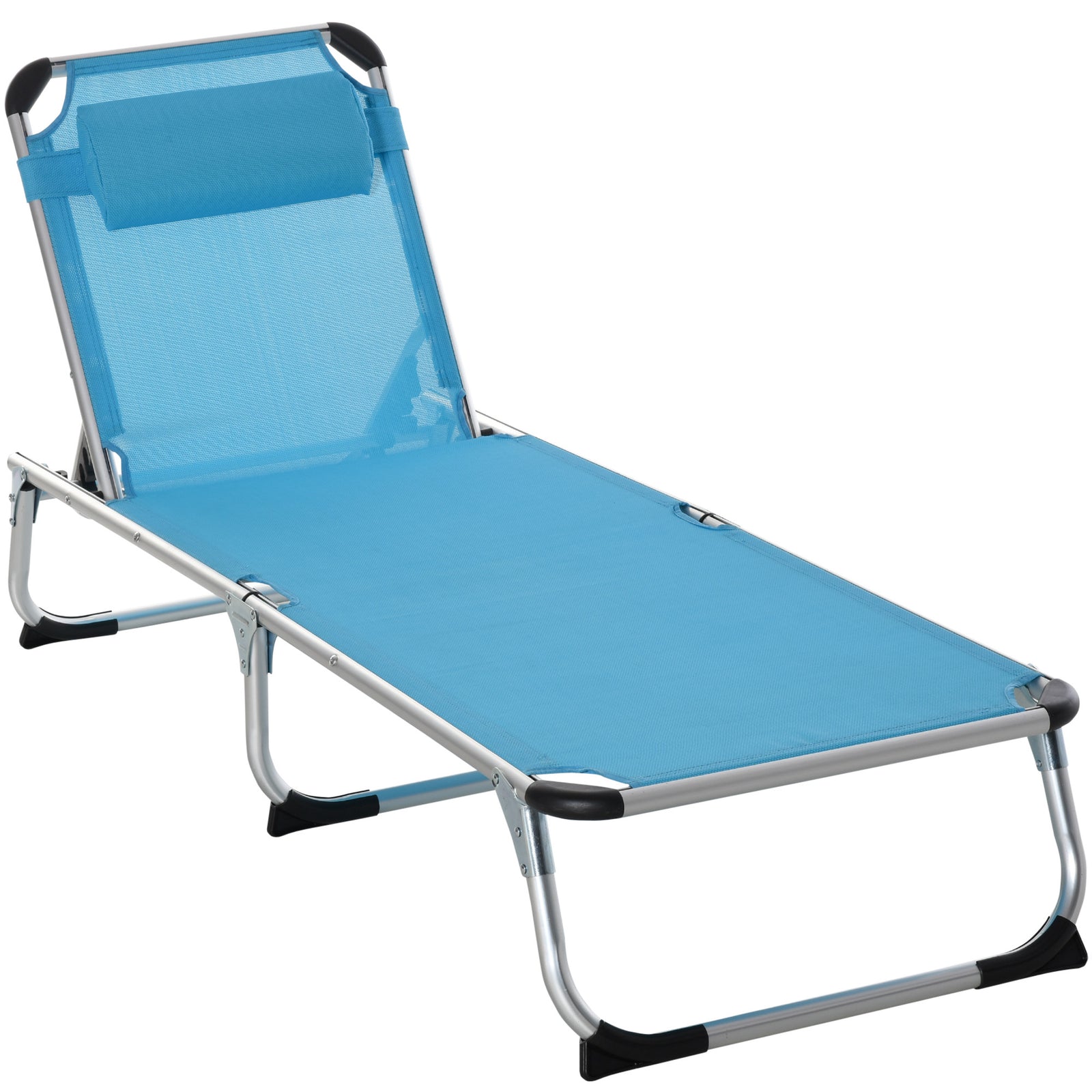 Foldable Outdoor Sun Lounger, Reclining Lounge Chair Camping Bed Cot with Pillow 4-Level Adjustable Back Aluminium Frame, Blue