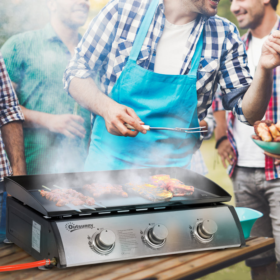 Gas Plancha Grill with 3 Stainless Steel Burner, 9kW, Portable Tabletop Gas BBQ with Non-Stick Griddle for Camping Picnic Garden Party Festival