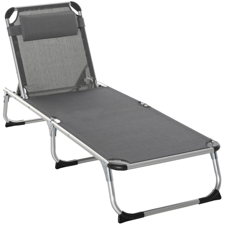 Outsunny Portable Garden Lounger, Foldable Camping Bed with Pillow, 5-Level Adjustable Back, Aluminium Frame, 76H x 170L x 60W cm, Grey | Aosom UK