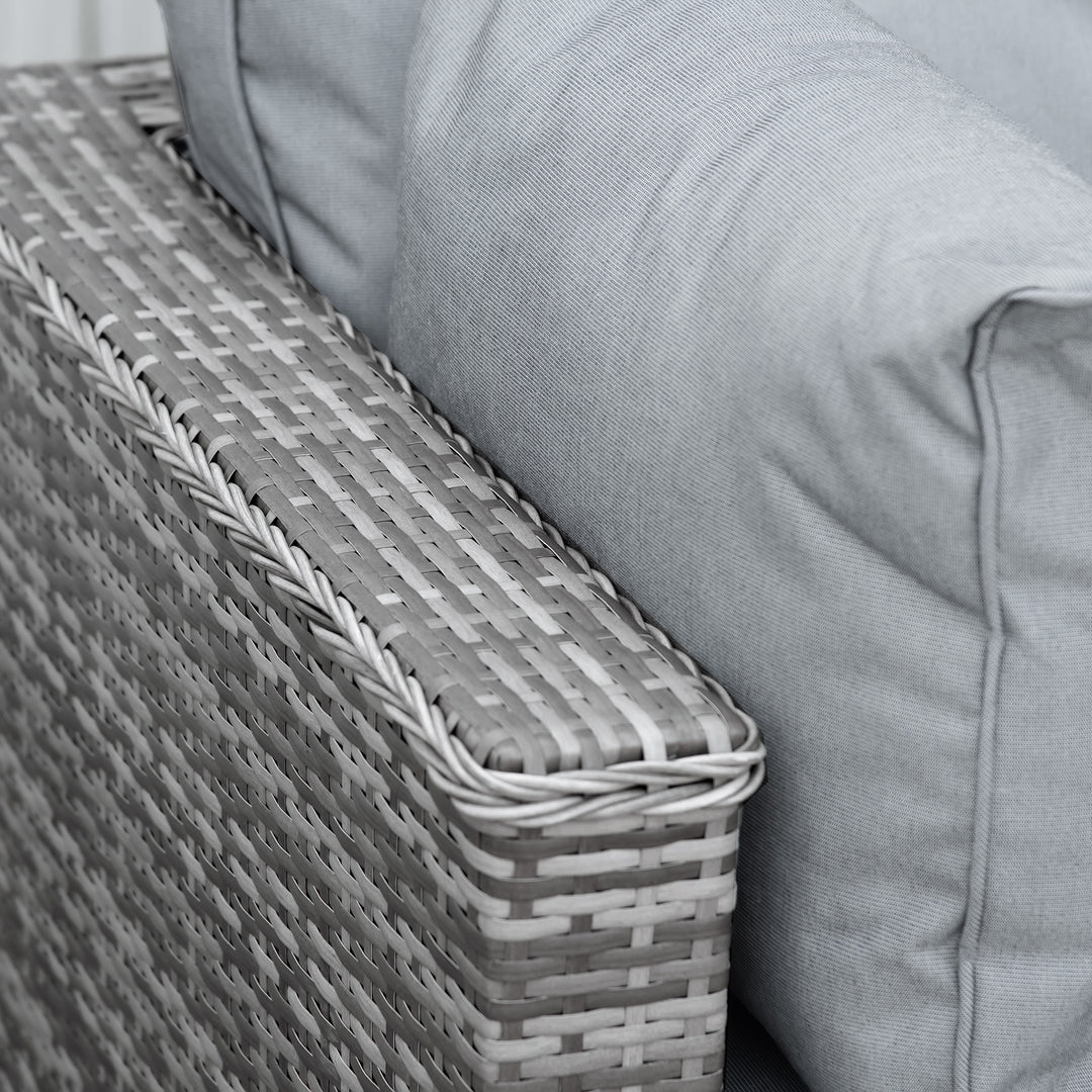 6 Pieces Outdoor PE Rattan Wicker Sofa Set with 10cm Thick Padded Cushionsand Half Round Patio Conversation Furniture Set with Angled Corner Designand Ottomansand and Back Pillows, Grey