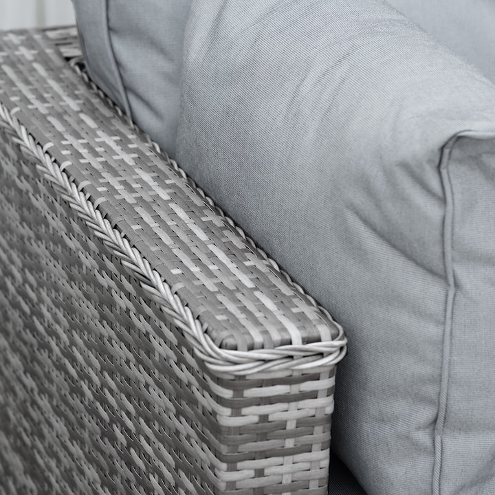 6 Pieces Outdoor PE Rattan Wicker Sofa Set with 10cm Thick Padded Cushionsand Half Round Patio Conversation Furniture Set with Angled Corner Designand Ottomansand and Back Pillows, Grey