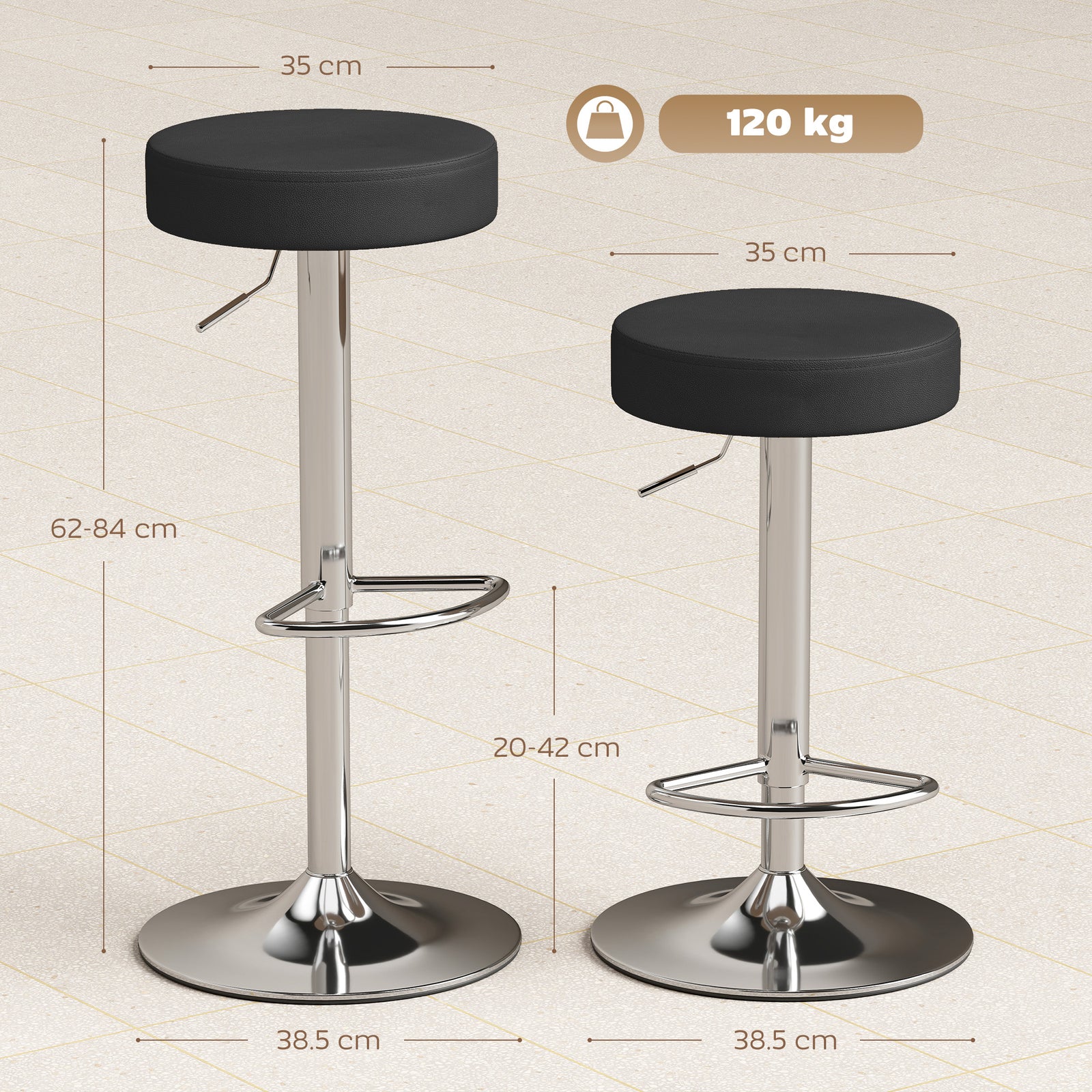 Bar Stools Set of 2, Modern PU Leather Swivel Barstools, Height Adjust
