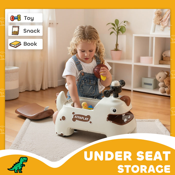 Kids Ride On Car, Dinosaur Foot to Floor Slider with Storage, Toddler Walker with Light, Sounds