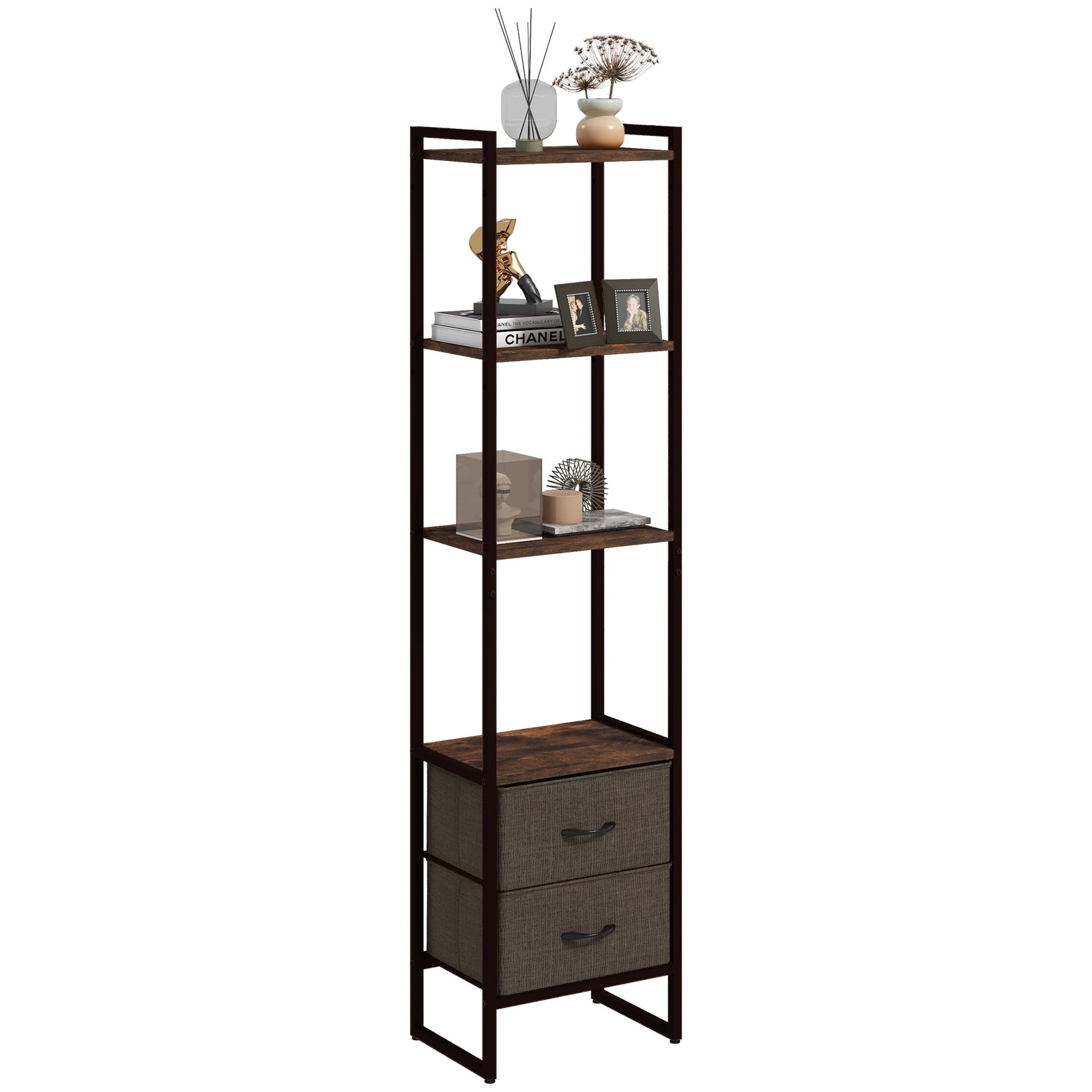 Four-Tier Industrial Display Shelf, with Bottom Drawers