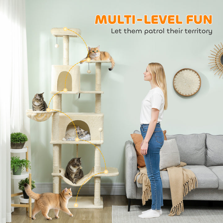 202cm Cat Tree with 6 Scratching Posts, 2 Hammocks, 2 Condos, 2 Perche