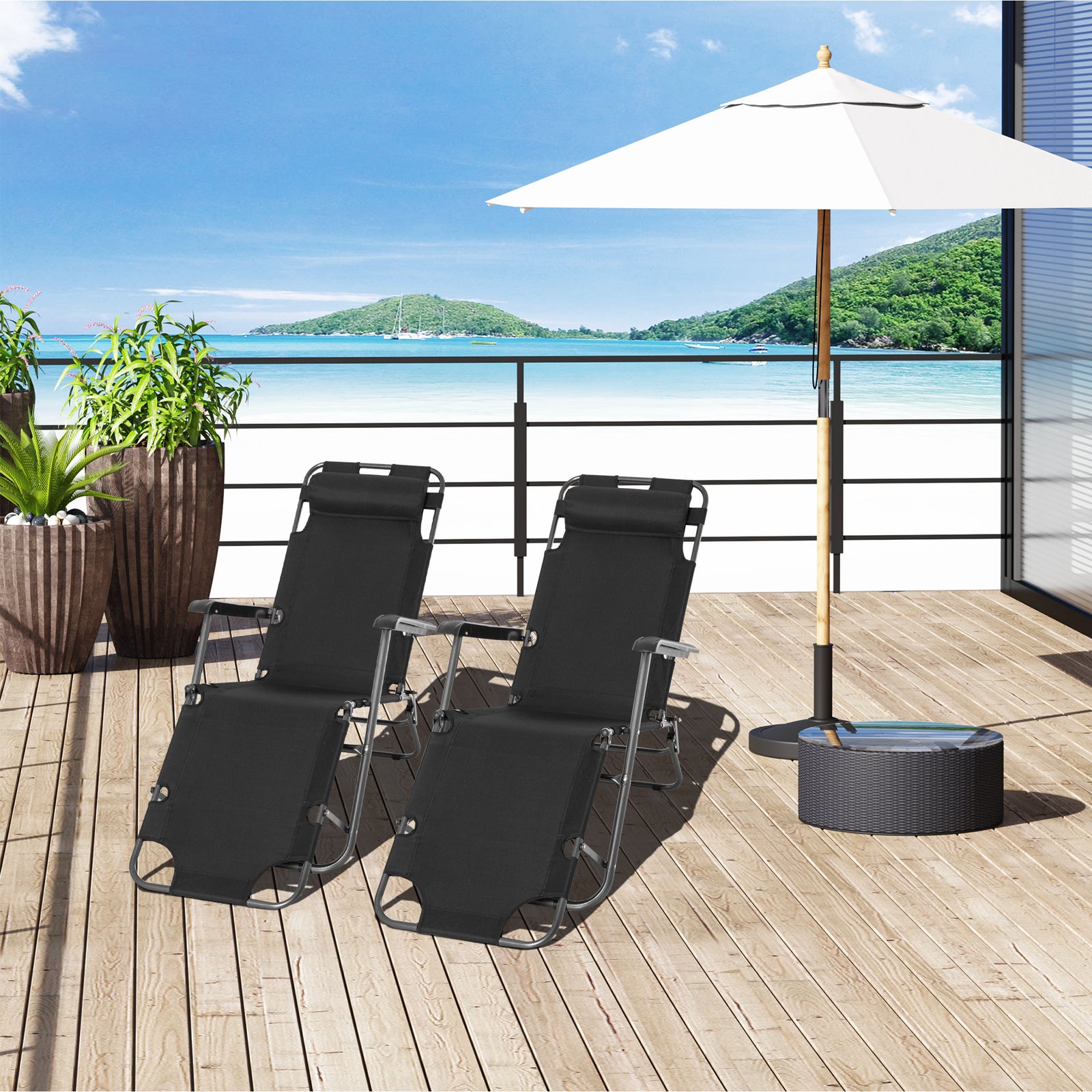 2 in 1 Folding Sun Lounger Reclining Garden Chair Set of 2 with 2-Level Adjustable Backrest, Outdoor Zero Gravity Recliner Garden Chairs with Head Pillow and Armrests, Black