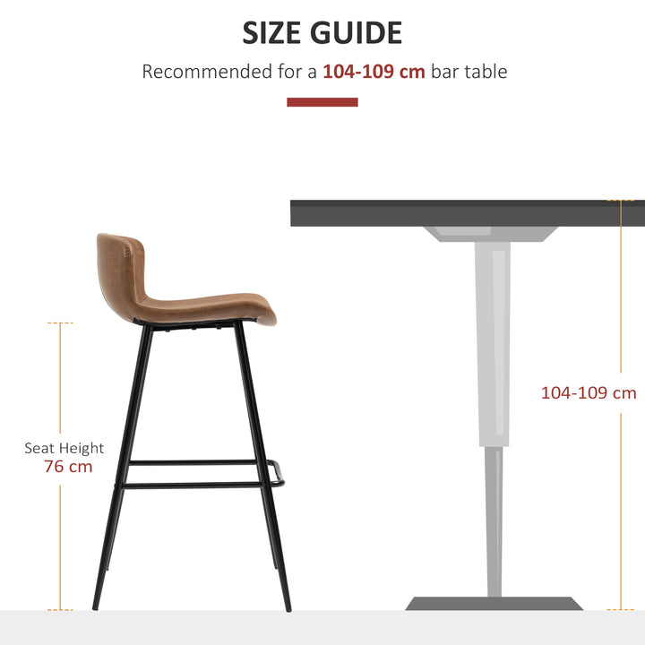 Bar Stools Set of 2, PU Leather Upholstered Bar Chairs, Breakfast Kitchen Counter Chairs with Backs, Steel Legs and Footrests for Dining Room, Brown