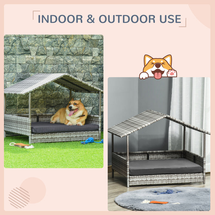 Wicker Dog House, Rattan Pet Bed, with Removable Cushion, Canopy, for Small and Medium Dogs - Dark Grey