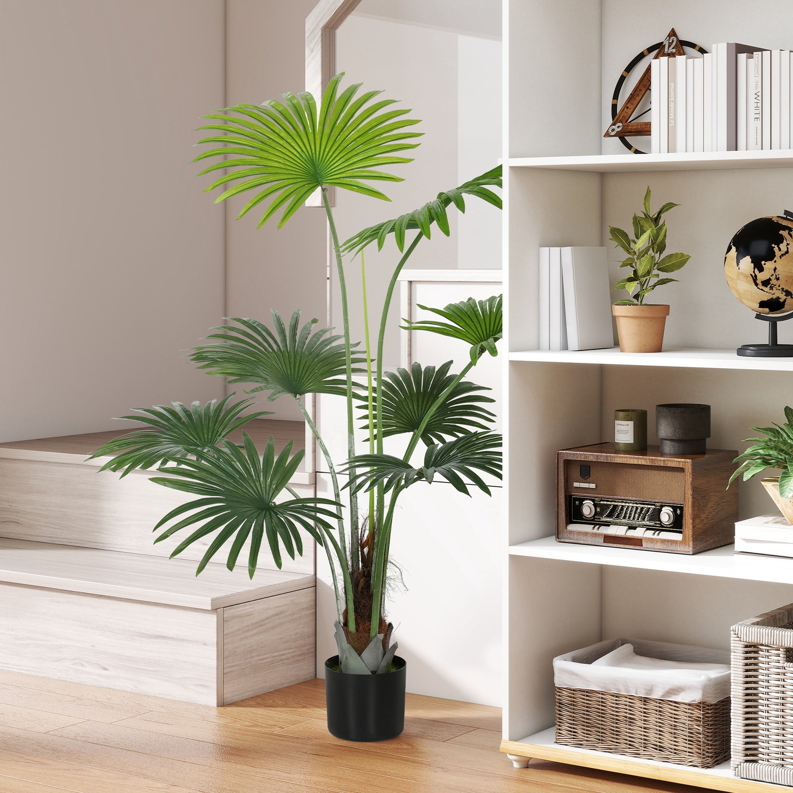 145cm Artificial Palm Tree, Decorative Artificial Plant with Lifelike PEVA Leaves and Coconut Coir, Fake Tree with Plastic Pot and Flocking for Home Office Decor, Green