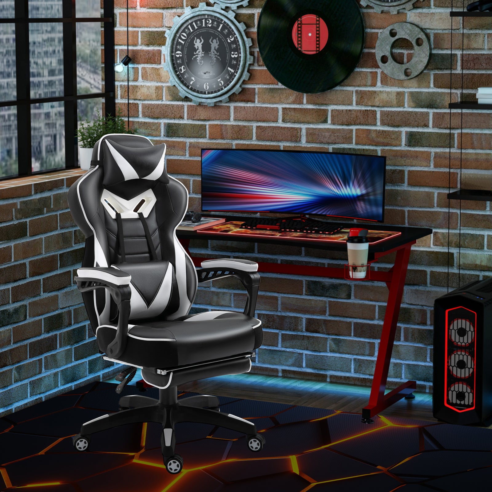Computer Gaming Chair, Racing Desk Chair with Lumbar Support and Footrest, PU Leather Gamer Chair with Headrest and Swivel Wheels for Home, White
