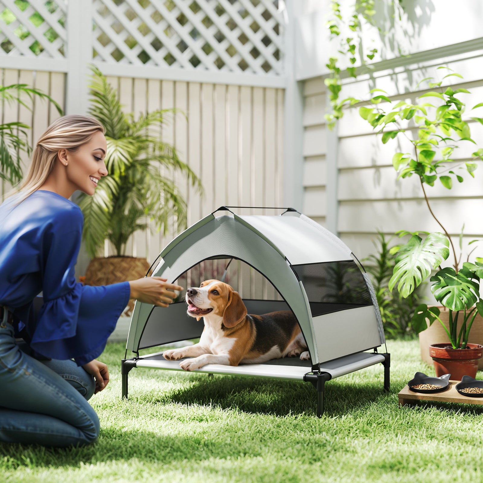 Portable Elevated Dog Bed with Removable Canopy, Cooling Raised Pet Cot for Small Medium Dogs, 76 x 61 x 60 cm