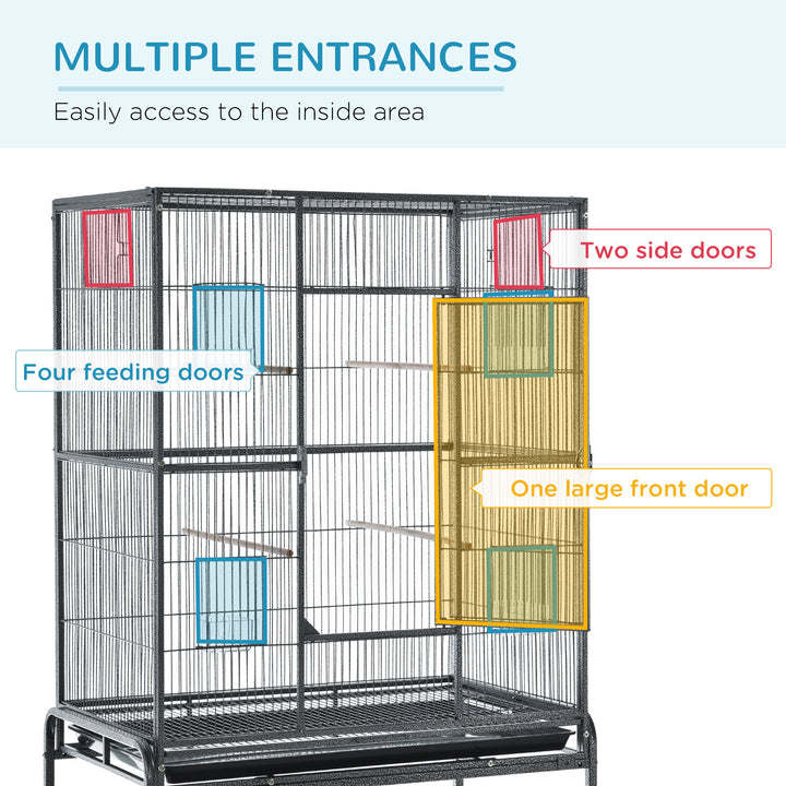 PawHut Avian Abode: Wheeled Metal Cage for Canaries & Parakeets, Wooden Perch, Feeder Tray, Jet Black | Aosom UK