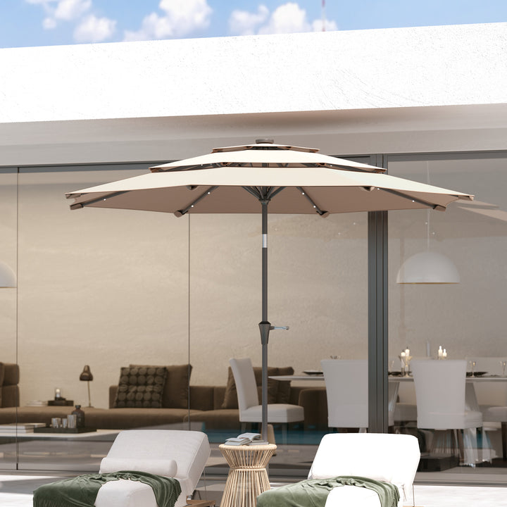 3-Tier Garden Parasol with Solar LED Lights, UPF 30+, Tilt Mechanism & Crank Handle, for Market Terrace, Khaki