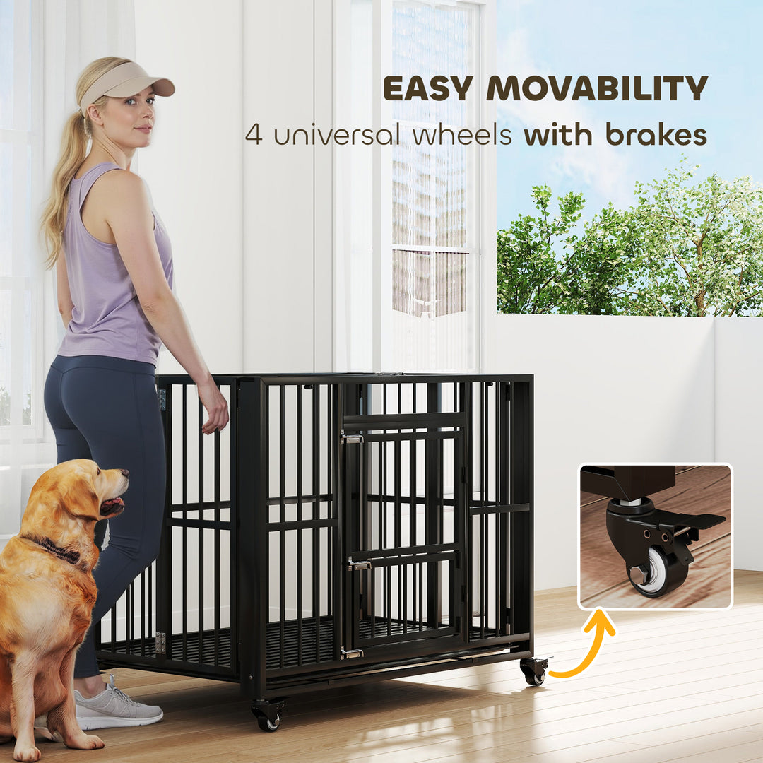 43" Heavy Duty Dog Crate, Foldable Dog Cage, with Openable Top, Locks, Removable Tray, Wheels - Black